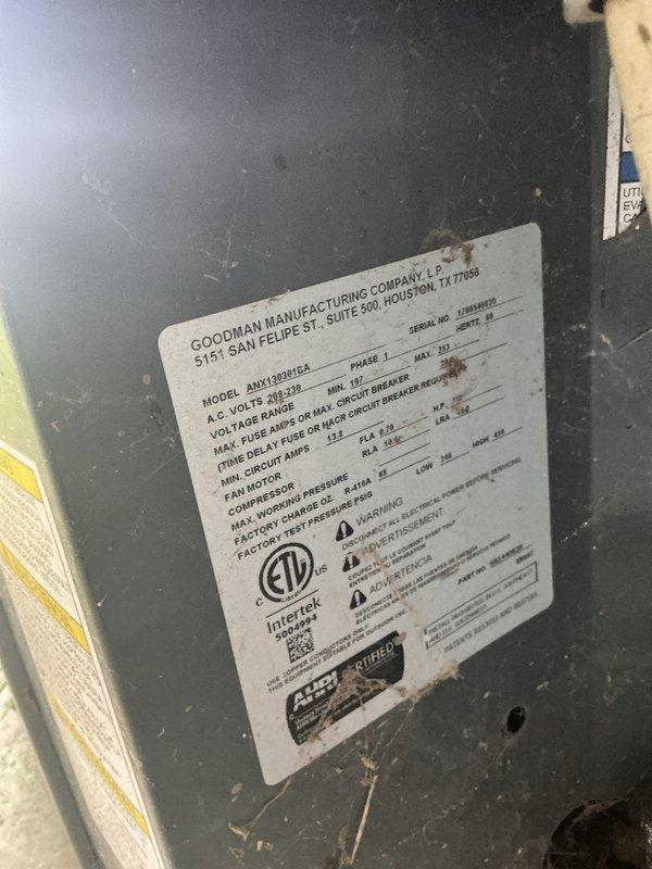 Performed comprehensive air conditioning tune-up on single outdoor Goodman unit, model ANIX1203016B. Completed full system inspection including electrical connections, refrigerant levels, condenser coil cleaning, and operational testing to ensure optimal performance for cooling season.