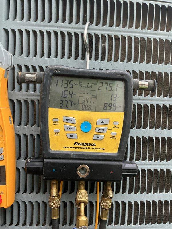 Responded to no cooling complaint on residential air conditioning system. Upon arrival, performed diagnostic testing using digital manifold gauges to check refrigerant pressures and temperatures. Conducted electrical diagnostics on outdoor condensing unit, testing capacitor and electrical connections with clamp meter. Found system had been shut off by customer prior to arrival. Completed full system evaluation to identify root cause of cooling failure and provided repair recommendations to restore proper operation.