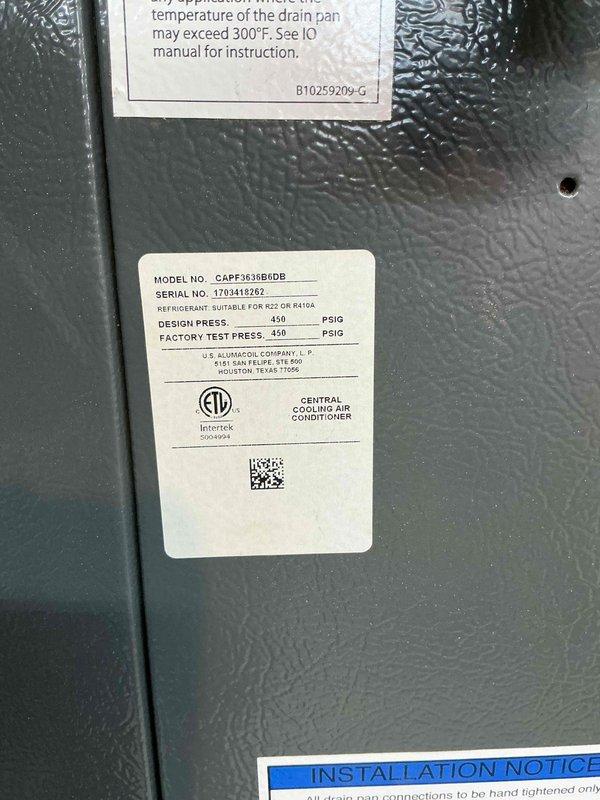Responded to no cooling call on 2017 U.S. Air CAPF36JBB0DB central air conditioning unit located in side yard. Upon arrival, performed diagnostic evaluation of system that customer reported may not have been running at peak performance due to potentially missed maintenance. Inspected outdoor condensing unit and documented equipment nameplate data including model and serial number. Verified unit specifications showing R22/R410A refrigerant compatibility with 450 PSIG design pressure. Evaluated air filter condition and documented filter media showing standard honeycomb pattern construction in cardboard frame. Completed visual inspection of accessible components and captured photographic documentation of equipment labels and filter for service records.