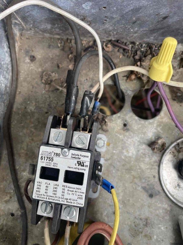 Responded to callback for complete system failure on 20-year-old AC unit with no cooling or heating operation following previous service attempt. Upon arrival, performed electrical diagnostics using clamp meter to measure current draw at contactor. Found faulty Mars 780 definite purpose contactor preventing compressor and condenser fan operation. Replaced defective contactor, verified proper voltage at terminals (208/240V), and tested all wire connections including line and load sides. System restored to full operational status with proper amperage draw confirmed at 13 amps. All electrical connections secured and unit cycling properly upon departure.