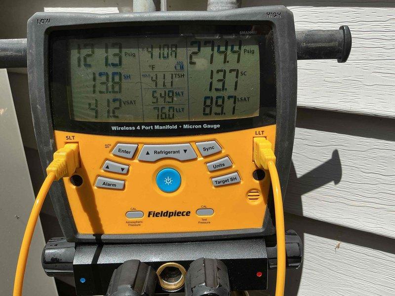 Performed comprehensive cooling maintenance on 4-year-old Lennox air conditioning system. Conducted complete system diagnostics using 4-port manifold gauge, verifying refrigerant pressures, superheat, subcooling, and system performance parameters. Inspected outdoor condenser unit, confirmed proper operation, and verified all components functioning within manufacturer specifications. System operational and ready for cooling season.