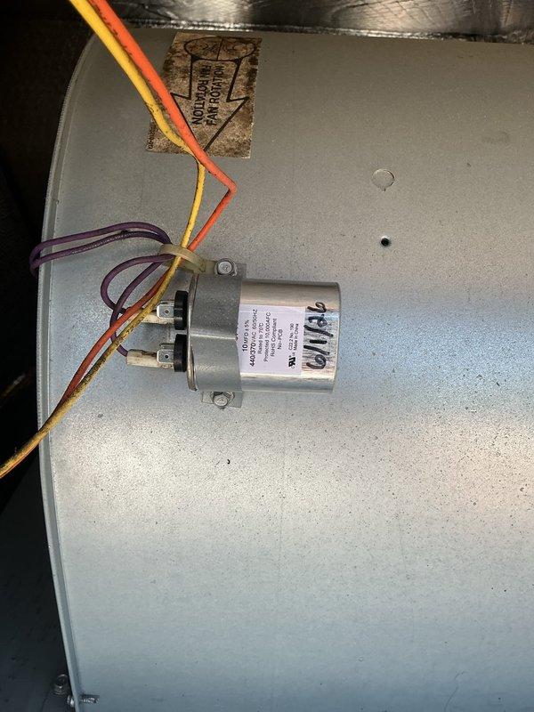 Replaced failed capacitor on blower motor for unit 250-8 and replaced both the blower motor capacitor and dual capacitor for the compressor on unit 250-9. All replacement capacitors were installed from truck stock, properly wired, and tested for correct operation. System confirmed operational for both heating and cooling functions, with failed components disposed of per standard procedures.