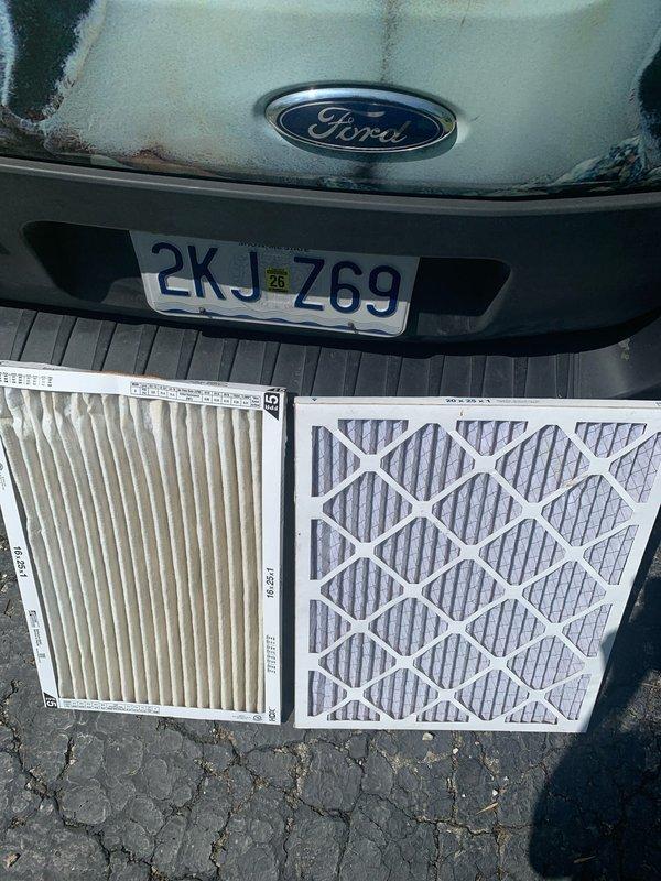 Responded to recall for improperly installed air filter that was jammed and deteriorating in basement HVAC unit. Removed damaged filter showing significant breakdown of filter media and replaced with correctly sized filter ensuring proper fit within track system. Verified new filter installation with adequate clearance and secure positioning to prevent future jamming issues.