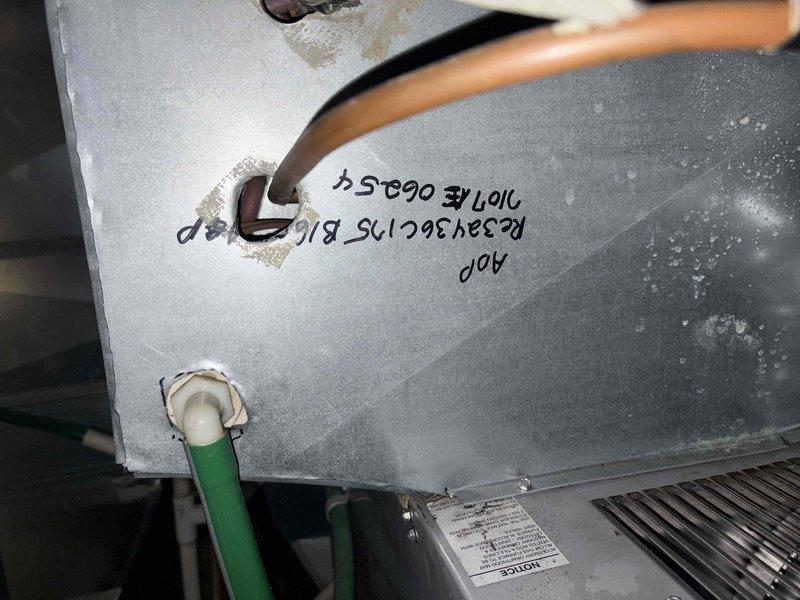 Responded to no cooling complaint on unit that had been frozen and shut down prior to arrival. Performed diagnostic evaluation of system to identify root cause of freezing condition. Inspected evaporator coil, refrigerant lines, and associated components. Documented equipment model and serial numbers for service records. System requires further assessment once coil has fully thawed to determine if issue is related to airflow restriction, refrigerant charge, or metering device malfunction.