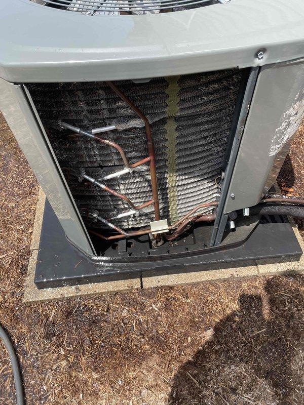 Completed comprehensive cooling tune-up and preventative maintenance on two 7-year-old outdoor AC units. Performed full system inspection including checking refrigerant levels, testing electrical connections, cleaning condenser coils, inspecting heat exchanger fins, and replacing air filter dated from previous service. Both units operating within normal parameters with no immediate repairs needed at time of service.