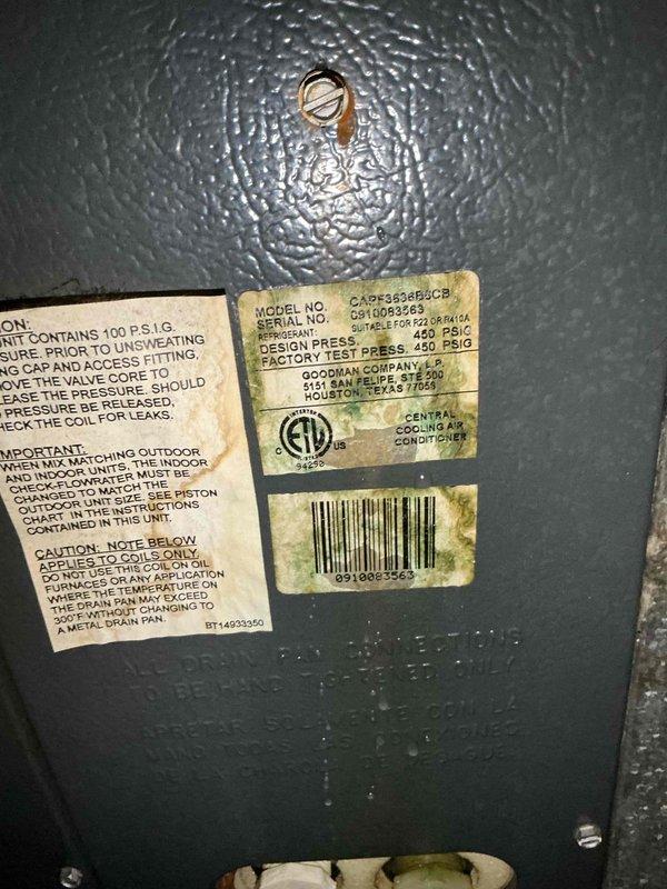 Completed comprehensive AC tune-up on 8-year-old ground-level condenser unit per Home Depot maintenance program specifications. Performed standard preventive maintenance procedures including system inspection, refrigerant level verification, electrical connection testing, condensate drain check, and airflow assessment. Inspected and documented 16x25x1 air filter showing moderate dust accumulation and equipment nameplate data for Central Air Conditioner model CAPF3636B0CB with visible condensation on exterior housing indicating normal operational conditions.