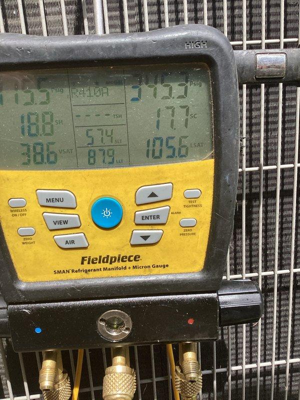 Responded to no cooling complaint on 2020 Carrier residential air conditioning system affecting entire home. Connected Fieldpiece SMAN refrigerant manifold and micron gauge to service ports and performed comprehensive system diagnostics. Measured and recorded superheat, subcool, suction and discharge pressures to evaluate refrigerant charge and overall system performance. Inspected indoor evaporator coil assembly, ductwork connections, and insulation integrity. Verified proper airflow and identified potential insulation deterioration around coil section. System evaluated and measurements documented for refrigerant charge analysis and cooling capacity assessment.