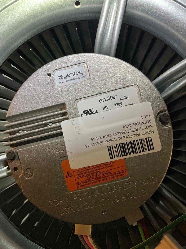Responded to no cooling complaint and replaced failed blower motor with new Genteq 1HP 120V unit under warranty. Removed and disposed of defective motor assembly, installed replacement motor in blower housing, verified proper electrical connections to control board, and confirmed system operation upon completion.