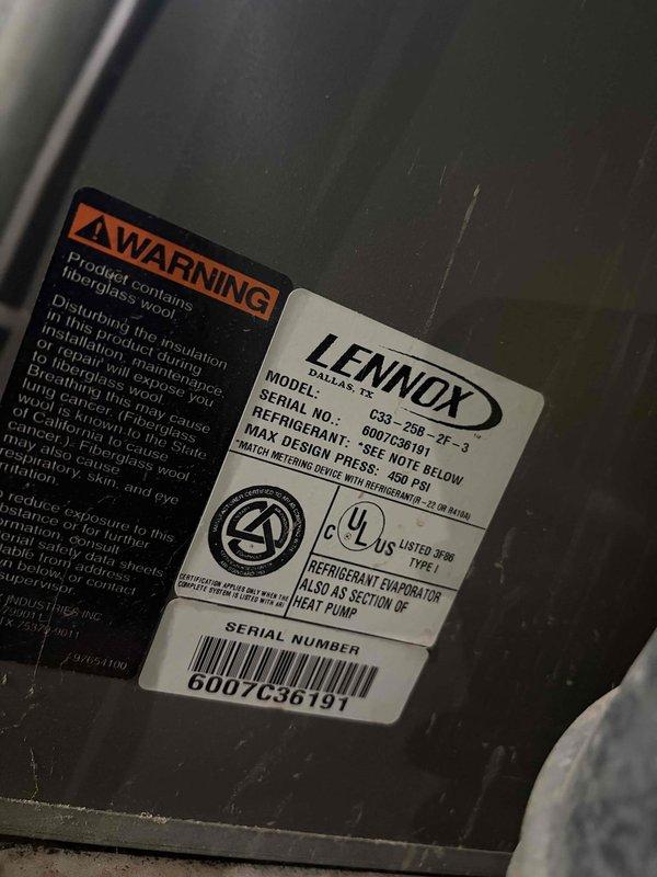 # HVAC Service Report

Responded to a no cooling call on a Lennox C3S-036-2T-3 outdoor condensing unit utilizing R-22 refrigerant. Upon arrival, unit was shut off per customer advisement. Performed diagnostic evaluation using Fieldpiece SMAN manifold gauges to assess refrigerant pressures and system temperatures. Measured operating pressures of 345 psig high side and 219 psig low side with suction temperature reading 43°F. System diagnostics revealed abnormal pressure readings indicating potential refrigerant charge issues or restriction in the refrigerant circuit. Documented equipment nameplate data and captured pressure readings for service records. Advised customer of findings and provided recommendations for necessary repairs to restore proper cooling operation.