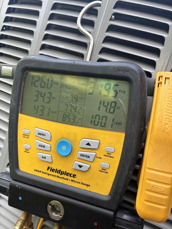 # HVAC Service Report

Responded to a no cooling call on a Lennox C3S-036-2T-3 outdoor condensing unit utilizing R-22 refrigerant. Upon arrival, unit was shut off per customer advisement. Performed diagnostic evaluation using Fieldpiece SMAN manifold gauges to assess refrigerant pressures and system temperatures. Measured operating pressures of 345 psig high side and 219 psig low side with suction temperature reading 43°F. System diagnostics revealed abnormal pressure readings indicating potential refrigerant charge issues or restriction in the refrigerant circuit. Documented equipment nameplate data and captured pressure readings for service records. Advised customer of findings and provided recommendations for necessary repairs to restore proper cooling operation.