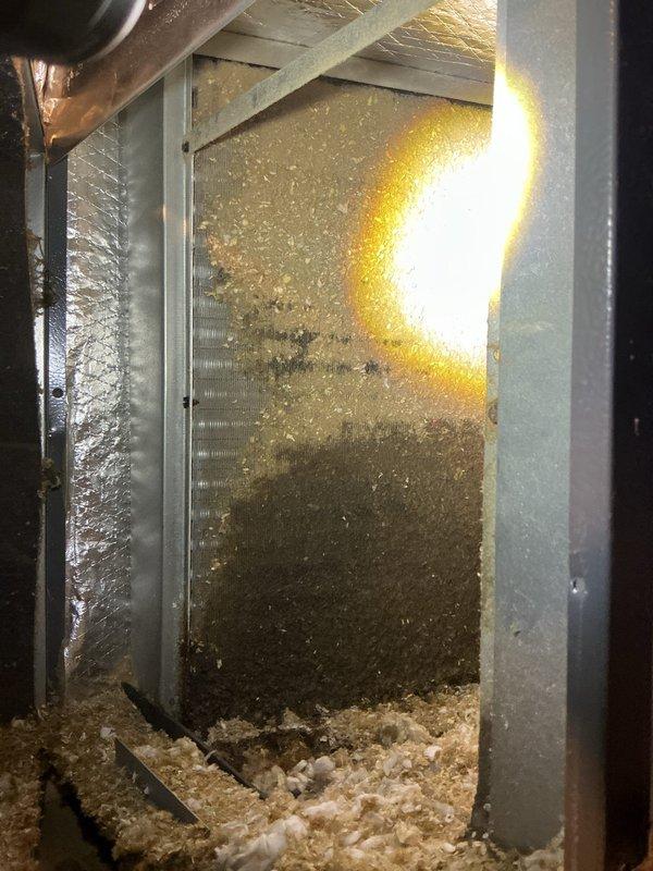 Responded to recall for frozen evaporator coil and no cooling condition. Upon arrival, found return air filter completely blocked with heavy dust and debris accumulation, resulting in severe airflow restriction. Inspected air handler unit located in attic and confirmed extensive dust buildup throughout system components and ductwork. Replaced clogged filter and verified proper airflow restoration after defrost cycle completed. System returned to normal cooling operation with adequate airflow across evaporator coil.