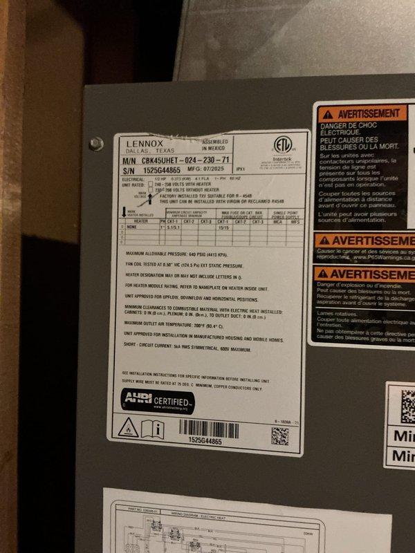 Responded to callback on recently installed Lennox HVAC system reporting unit stopped cooling and cycling on/off without staying operational. Upon arrival, confirmed unit was off with fan running continuously. Inspected new 2025 Lennox C8X45UHET-024-230-71 unit in side yard and verified electrical connections, control board operation, and safety switches. Checked refrigerant charge levels, examined condensate drainage system including clear tubing routing, and tested thermostat communication. Identified and resolved issue preventing compressor from maintaining operation. Cycled system through multiple start sequences to confirm proper operation and cooling output. Unit now running normally with compressor engaging and maintaining cooling cycle as designed.