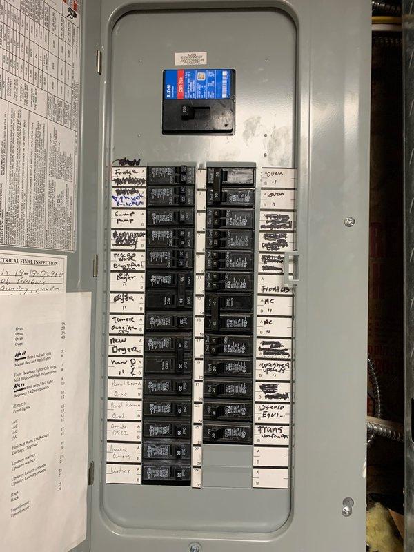 Upgraded existing electrical circuit to 20 amp capacity by installing new 20 amp circuit breaker in main electrical panel and replacing corresponding outlet to match amperage rating. Verified proper panel labeling and confirmed all electrical connections meet current code requirements.