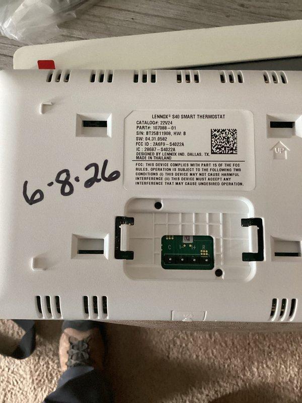 Completed installation of Lennox S40 Smart Thermostat (catalog number 22024, part number 107086-01) as a return visit with proper equipment. Successfully wired and mounted the new thermostat, connecting all necessary low-voltage wires to the terminal block, and removed old unit from service. System tested and operational upon completion.