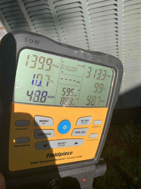 Responded to no cooling call and found air conditioning unit frozen. Performed diagnostic evaluation of the system using refrigerant manifold gauges to assess pressures, superheat, and subcooling readings. Identified frozen evaporator coil condition and documented system measurements. Unit requires additional repairs to restore proper operation.