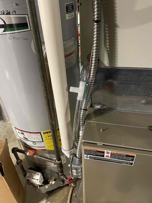 Responded to report of water leaking from HVAC unit in basement. Upon arrival, inspected over 10-year-old Carrier furnace/air handler and adjacent A.O. Smith water heater for source of reported leak. Conducted thorough visual examination of equipment, plumbing connections, condensate drain system, and surrounding utility room area. Documented existing conditions of both heating systems and associated piping infrastructure with photographs for service records.