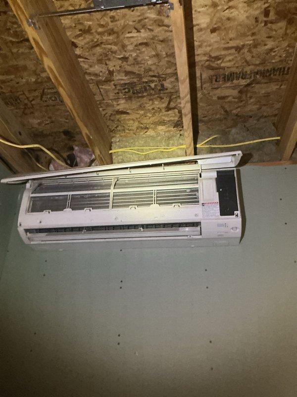 Performed scheduled maintenance on ductless mini-split air conditioning system. Opened unit cover to access internal components, inspected air filter and blower assembly for cleanliness and proper operation. Verified system functionality and closed unit upon completion of maintenance procedures.