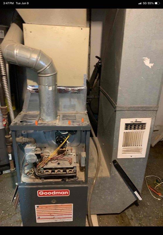 Responded to no-cool service call for residential HVAC system. Upon arrival, inspected Goodman furnace unit and Bryant outdoor condenser, both showing signs of age and normal operational wear. Diagnosed inoperative blower fan issue, removed furnace access panel to examine internal components including wiring harnesses, motor connections, and control board. Verified power supply, tested capacitor functionality on outdoor unit, and checked electrical connections throughout system. Completed diagnostic assessment and documented equipment condition with photographic evidence for customer records.