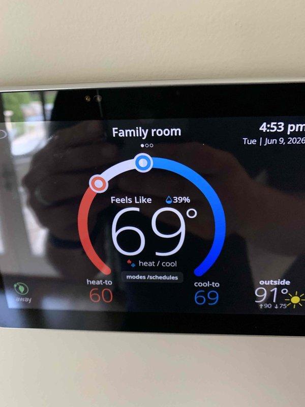 Responded to complaint of excessive humidity in two upstairs rooms on a four-unit HVAC system. Inspected upstairs unit and confirmed low refrigerant charge as previously reported. Verified thermostat readings in Family Room (69°F, 39% humidity) and Bedroom (68°F, 47% humidity), noting elevated humidity levels and proper temperature control. Advised customer to keep affected unit shut down until refrigerant service can be completed to prevent compressor damage.