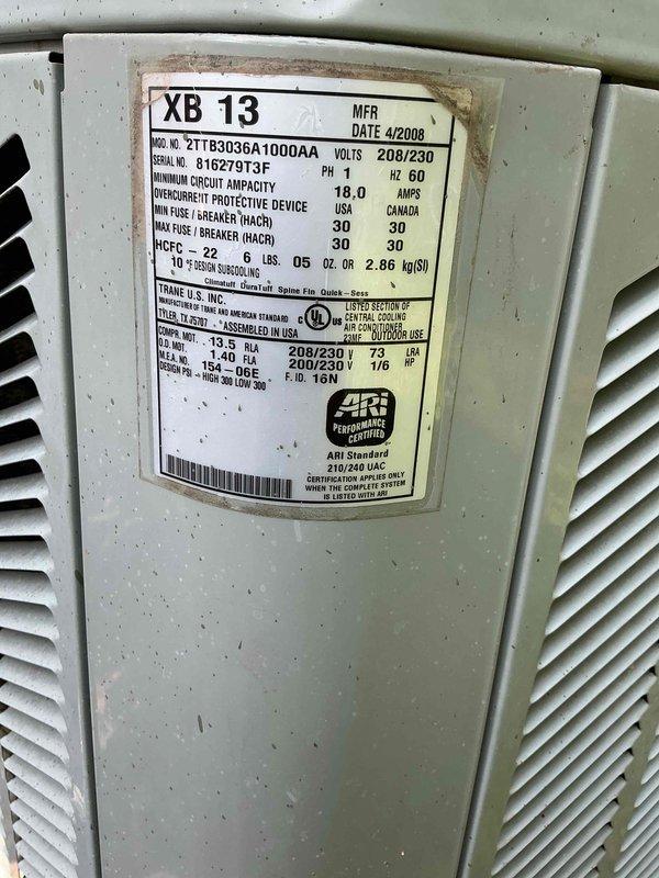 Responded to no cooling complaint on 25-year-old Trane XB13 condensing unit (Model 2TTB3036A1000AA, manufactured April 2008). Performed diagnostic evaluation of outdoor condenser unit, inspected electrical components and refrigerant system operation, and documented equipment condition with photos for customer records.