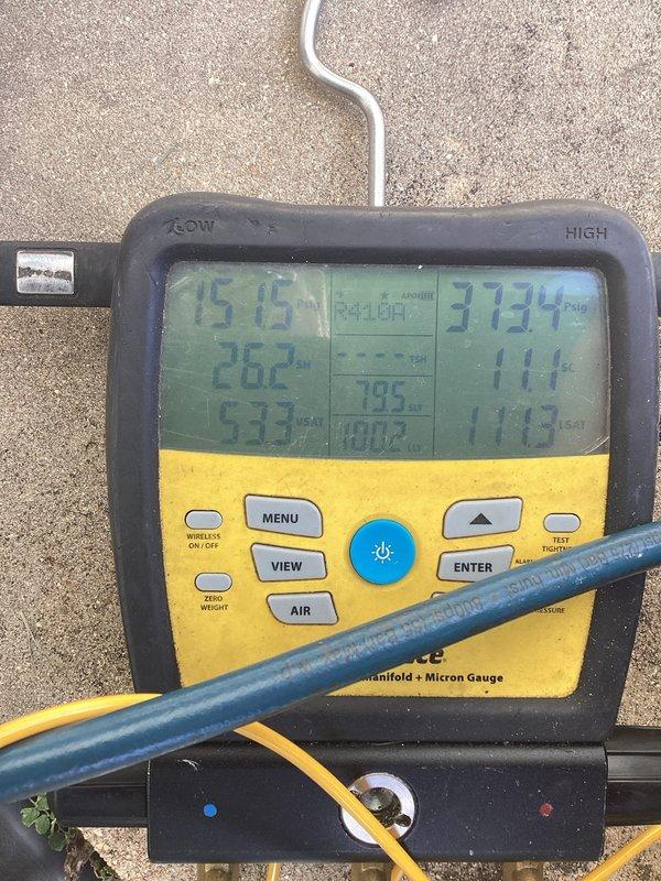 Returned to address frozen evaporator coil condition diagnosed on previous visit. Connected manifold gauges to outdoor condensing unit and performed system pressure and temperature analysis. System pressures and superheat/subcooling readings confirmed proper refrigerant charge and normal operating parameters after coil had thawed completely. Unit cycling properly with no airflow restrictions or refrigerant issues detected.