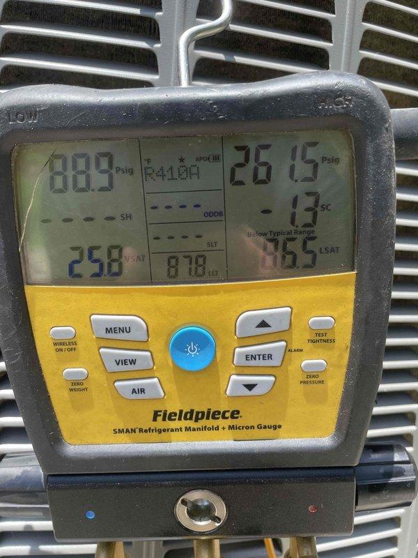 # HVAC Service - No Cool

Responded to no cooling complaint on single outdoor unit. Upon inspection, discovered evaporator coil completely frozen with heavy ice accumulation on refrigerant lines and coil surfaces. Connected refrigerant manifold gauges and confirmed abnormal pressure readings indicating restricted airflow across evaporator. Identified frozen coil as primary cause of cooling failure, typically resulting from dirty air filter, blocked return air, low refrigerant charge, or failed blower motor. Recommended system thaw and further diagnostic evaluation to determine root cause and prevent recurrence.