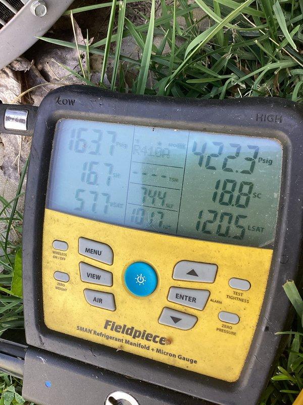 # HVAC Service Completed

Responded to no-cooling call where condenser unit would not turn on. Upon arrival, performed diagnostic testing of the outdoor unit's electrical system. Pressure readings indicated system had refrigerant charge present. Investigation of the control panel revealed a failed dual-run capacitor rated at 35/5 MFD. Replaced defective capacitor with new TITAN PRO TRCFD3554 unit matching original specifications. Verified proper electrical connections to compressor and condenser fan motor circuits. Tested system operation and confirmed condenser unit now starting properly with normal amp draws. Unit restored to full cooling operation.