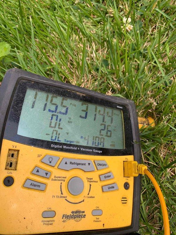 Responded to no-cool complaint on 15-year-old Rheem air conditioning system. Upon arrival, performed diagnostic testing using digital manifold gauges to assess system pressures and operating conditions. Measured superheat and subcool values to determine refrigerant charge status and identify potential compressor or refrigerant-related issues causing the unit failure. Completed system evaluation and provided recommendations for restoring cooling operation.