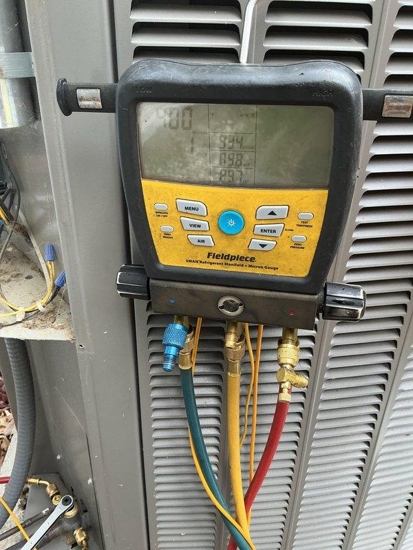 Replaced failed evaporator coil on residential HVAC system. Retrieved replacement coil from Lennox Earth City will call and installed in air handler unit located in basement mechanical room. System tested and verified operational with proper refrigerant pressures and temperatures using digital manifold gauges. Defective coil removed and disposed of per protocol. Unit restored to full heating and cooling operation.