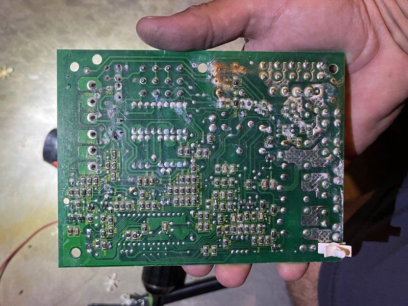 Completed furnace control board replacement on HVAC system. Removed and replaced failed control board which exhibited visible corrosion and burn damage on multiple solder joints. During service, inspected outdoor condensing unit and documented significant debris accumulation on evaporator coil fins requiring future attention. System restored to operational status with temporary cooling capability confirmed. Defective board discarded per protocol.