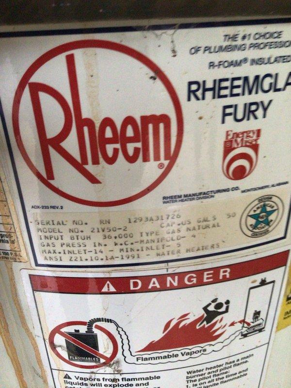 Replaced leaking 50-gallon gas water heater in basement with new Rheem Fury model equipped with R-Foam insulation. Installed pre-fabricated flue tee assembly, completed all gas and water connections per code requirements, and applied required plumbing identification sticker per permit #26PLU-11575.