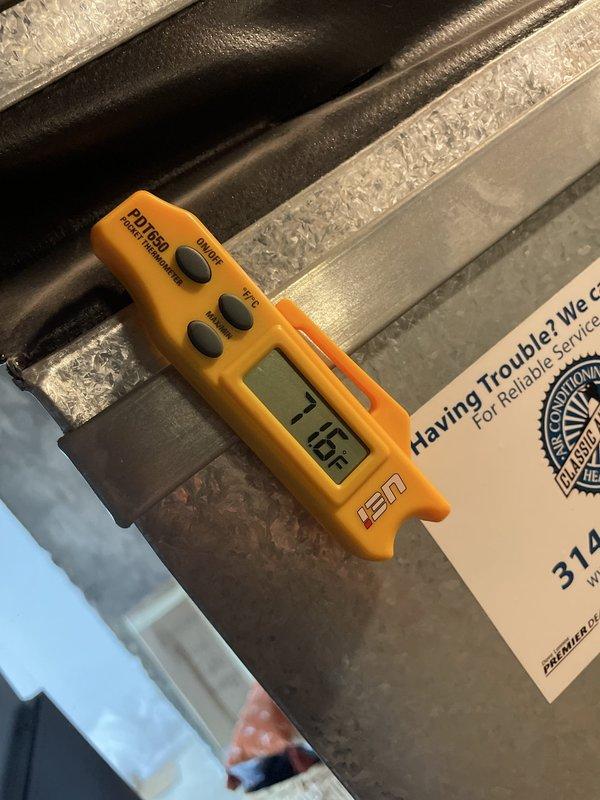 Responded to service call regarding condensation and moisture buildup on 6-year-old Lennox air conditioning system. Upon arrival, performed diagnostic assessment of indoor air handler and evaporator coil assembly. Measured supply air temperature and humidity levels using digital instrumentation to verify system operating parameters. Inspected condensate drainage system, including drain pan, drain line, and trap for proper function and potential blockages. Examined insulation integrity on refrigerant lines and condensate piping for gaps or deterioration that could cause moisture accumulation. Verified thermostat operation and system cycling at setpoint of 72 degrees. Documented system conditions with photographic evidence showing measurement readings and thermostat display. Identified source of excessive condensation and provided recommendations to customer for preventing future moisture-related corrosion issues on equipment and associated piping.