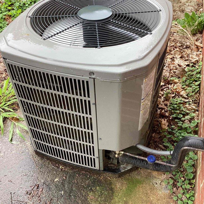Responded to no-cool call on 10+ year old outdoor condensing unit. Upon arrival, found unit humming but not starting - diagnosed failed start capacitor preventing compressor from engaging. Replaced dual run capacitor, verified proper voltage and amperage readings, confirmed unit cycling properly with thermostat calling for cooling.