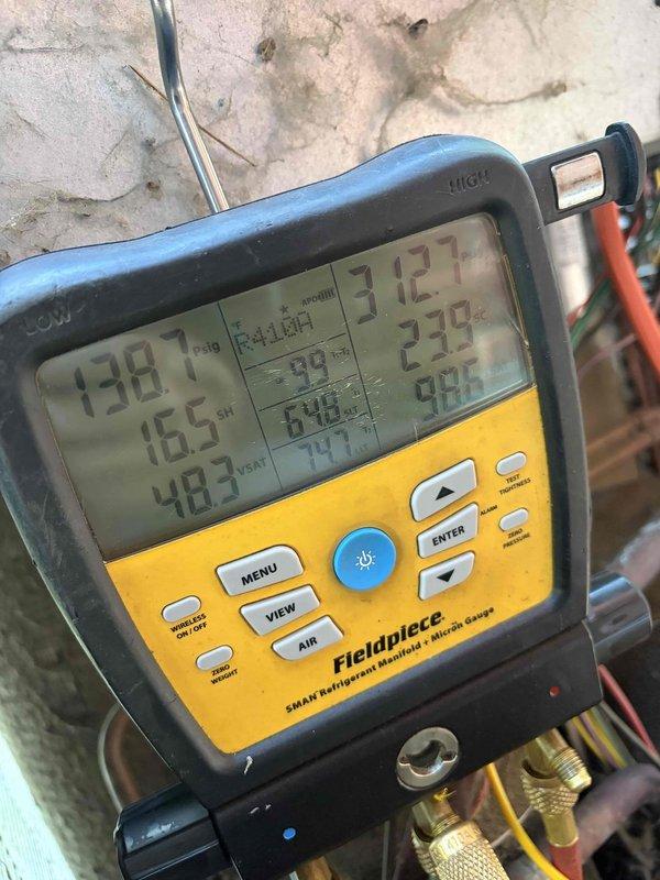 Responded to service call for second-floor cooling deficiency and excessive indoor humidity on 14-year-old Rheem system. Upon arrival, performed comprehensive system diagnostics using refrigerant system analyzer to measure operating pressures and temperatures. Accessed outdoor condensing unit control panel to inspect electrical components, circuit boards, capacitors, and relay systems for potential failures. Diagnostic readings revealed system operating parameters, allowing for proper assessment of refrigerant charge levels and overall system performance. Completed thorough evaluation of both electrical and mechanical components to identify root cause of inadequate cooling capacity and humidity control issues affecting the upper level of the residence.