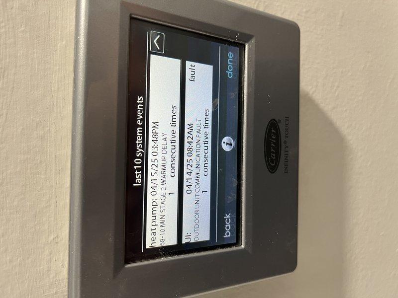 Responded to no cooling complaint on 10+ year old unit at Home Depot service location with reported fault code 179. Upon arrival, accessed thermostat system event log which revealed multiple communication fault errors between the thermostat and HVAC equipment. Documented fault codes and system event history through thermostat interface for diagnostic purposes.