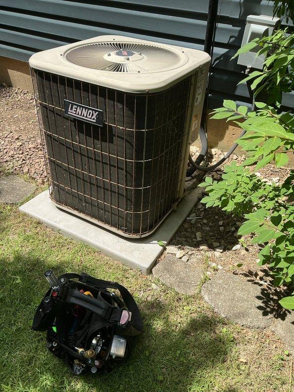 Responded to no cooling call on 20+ year old Lennox whole-house air conditioning system. Upon arrival, performed diagnostic assessment of outdoor condensing unit. Utilized manifold gauges to check refrigerant pressures and system operation. Documented equipment condition and test results with photos for service records. Completed troubleshooting procedures to identify root cause of cooling failure and provided recommendations for system repair or replacement given age of equipment.