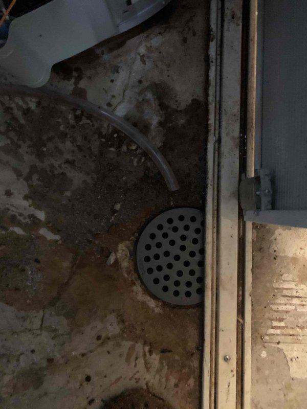 Responded to basement drain concerns regarding possible clogging and drain plate replacement. Upon arrival, found floor drain area with significant water staining, debris accumulation, and biological growth indicating chronic moisture issues. Assessed existing circular perforated drain cover showing heavy rust discoloration and sediment buildup around perimeter and opening. Cleared drain line obstruction and removed accumulated debris from drain assembly. Evaluated floor drain cover condition and surrounding concrete surface deterioration caused by prolonged water exposure. Recommended addressing underlying moisture infiltration to prevent future biological growth and continued floor deterioration.