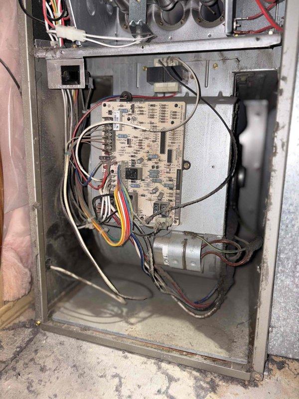 Completed preventive maintenance tune-up on a single outdoor air conditioning condenser unit located at ground level behind the residence. Performed comprehensive system inspection including electrical connections, control board functionality, capacitor testing, and refrigerant circuit evaluation. Verified proper operation of all safety controls and sequencing relays on the furnace control board, inspected all wiring harnesses for secure connections, and confirmed fan motor operation through the condenser's top-mounted assembly.