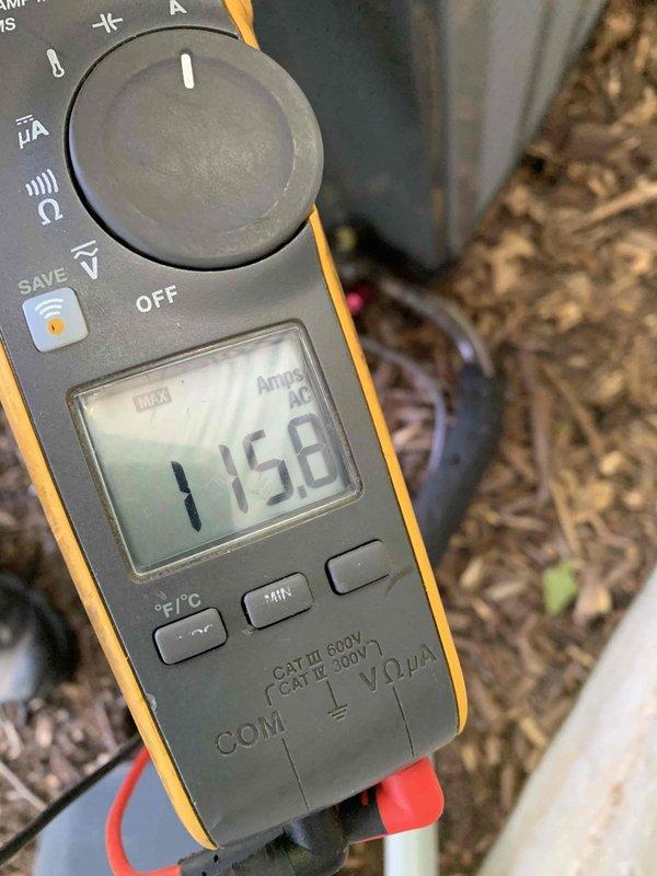 Responded to service call for AC system experiencing intermittent power interruption and blower malfunction. Upon arrival, inspected outdoor unit and electrical components. Verified system voltage at 115.8V using multimeter to diagnose power supply issues. Examined control board and electrical connections at exterior mounted utility box. System evaluated for proper operation following momentary power loss that affected blower motor performance.