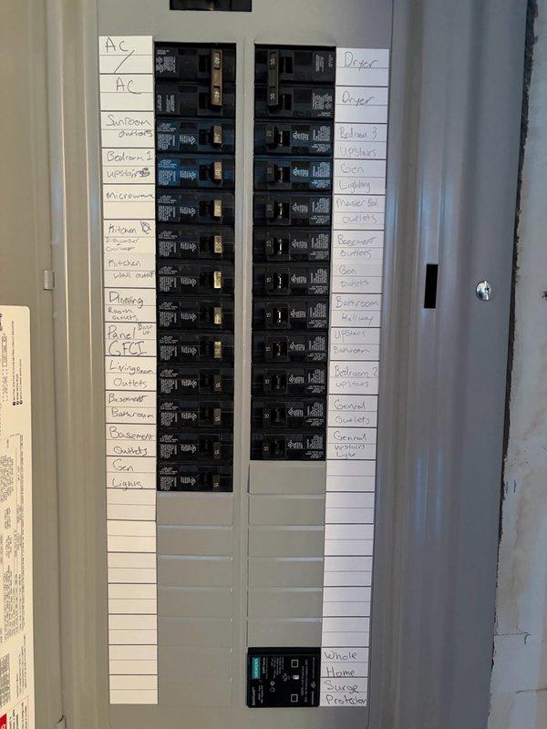 Completed full electrical panel replacement by removing existing main lug panel and installing new breaker panel with all new circuit breakers properly labeled for household circuits including HVAC, kitchen appliances, bathrooms, bedrooms, basement, laundry, and dryer. Updated all bonding and grounding connections to current code standards and installed whole home surge protection device. All electrical work was completed with proper permits and passed required inspections, with before and after documentation photos captured for service records.