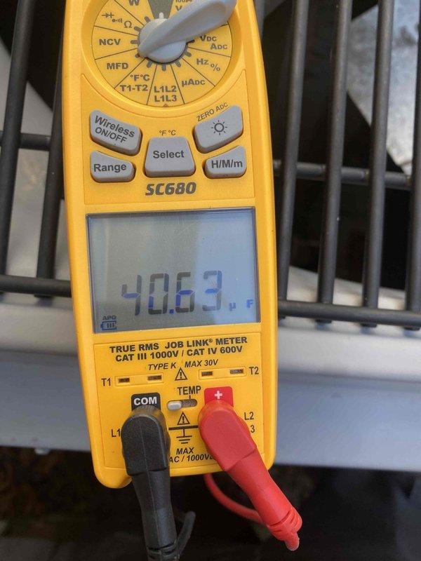 # HVAC Tune-Up Service Completed

Performed comprehensive preventive maintenance tune-up on residential HVAC system under Home Depot service agreement. Conducted electrical diagnostics using Fieldpiece SC680 True RMS multimeter, measuring system amperage at 0.74A and verifying proper voltage levels. Recorded outdoor ambient temperature of 40.63°F during service call. Updated equipment age documentation and confirmed unit serial number for service records. System operating within normal parameters with no accessories requiring replacement at this time.