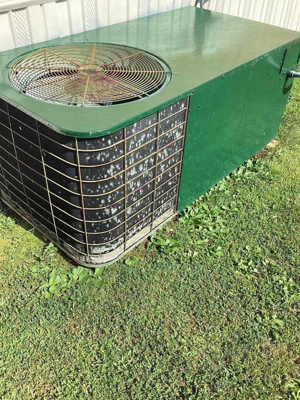 Responded to no cooling complaint on 10+ year old outdoor condensing unit located in backyard. Upon arrival, found system blowing warm air as reported. Performed diagnostic evaluation of aging unit with green-painted top cover and weathered exterior components. Identified issue preventing proper cooling operation and provided customer with repair options and recommendations for restoring system functionality.