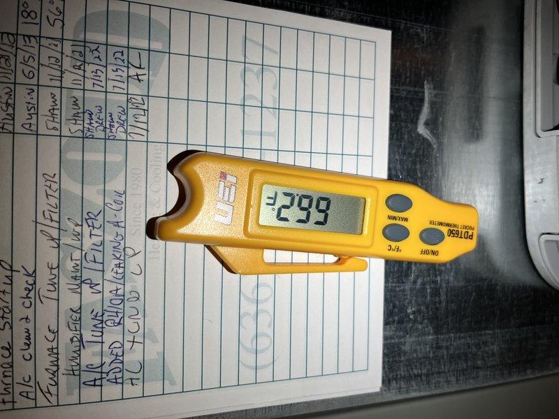 Completed preventive maintenance tune-up on two outdoor cooling units. Performed comprehensive system diagnostics including temperature differential measurements, refrigerant level verification, electrical component inspection, and operational testing on both units. All systems operating within normal parameters with documented readings recorded on maintenance logs.