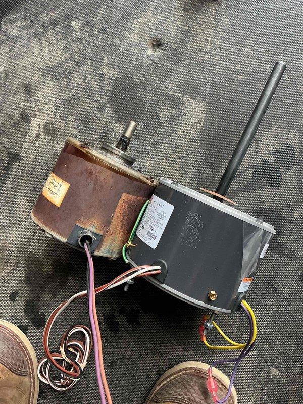 Responded to service call for rattling noise in outdoor condensing unit following recent roof work. Upon inspection, diagnosed failed condenser fan motor with damaged bearings causing reported rattling sound. Removed and replaced defective motor assembly with new unit, tested system operation, and confirmed proper function with no abnormal sounds present.
