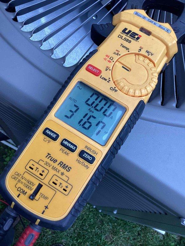 Responded to no cooling complaint on residential HVAC unit located on side of home. Performed diagnostic evaluation using digital multimeter to measure electrical values and system performance parameters. Unit assessed for cooling efficiency issues, with customer reporting air not as cold as expected and requesting potential cleaning service.
