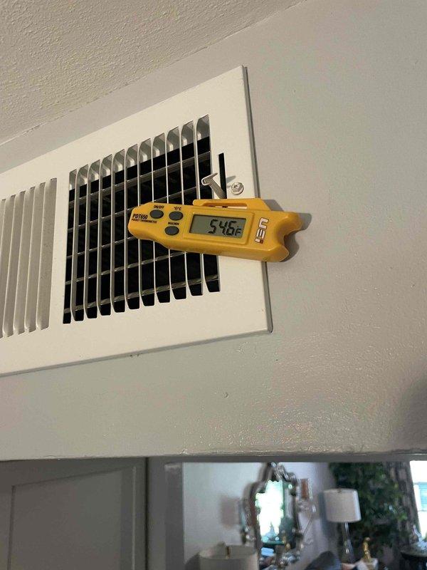 Completed preventive maintenance tune-up on single-zone residential air conditioning system, 0-5 years old, located on balcony. Performed comprehensive system diagnostics including supply air temperature verification at 54.6°F and amperage draw measurement at 43 amps using clamp meter on condenser unit. Inspected condenser coil, verified proper airflow through evaporator, checked electrical connections, and confirmed system operation within manufacturer specifications. Unit found to be functioning properly with no deficiencies noted.