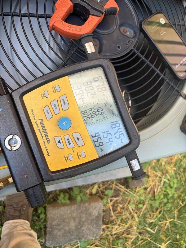 Responded to no-cooling complaint on 10+ year old outdoor unit located at side of home. Upon arrival, system was operational but performed full diagnostic evaluation using digital manifold gauges and amp clamp to assess system performance and refrigerant charge. Measured electrical parameters, operating pressures, and temperatures at outdoor condenser unit. Inspected indoor air handler in attic space, checking refrigerant lines, condensate drain system, and electrical connections. System currently functioning but requires monitoring for intermittent operation issues reported by customer.