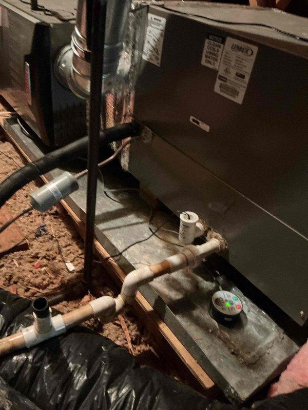 Responded to callback for upstairs air conditioning unit not operating following previous day's service visit. Upon arrival, inspected 11-year-old Lennox air handler located in attic space. Verified all refrigerant line connections, PVC condensate drainage system, and electrical connections to unit. Checked system controls and thermostat communication. Identified and corrected issue preventing unit operation. Cycled system through complete operational test to confirm proper cooling function. Unit restored to normal operation with all components functioning as designed.