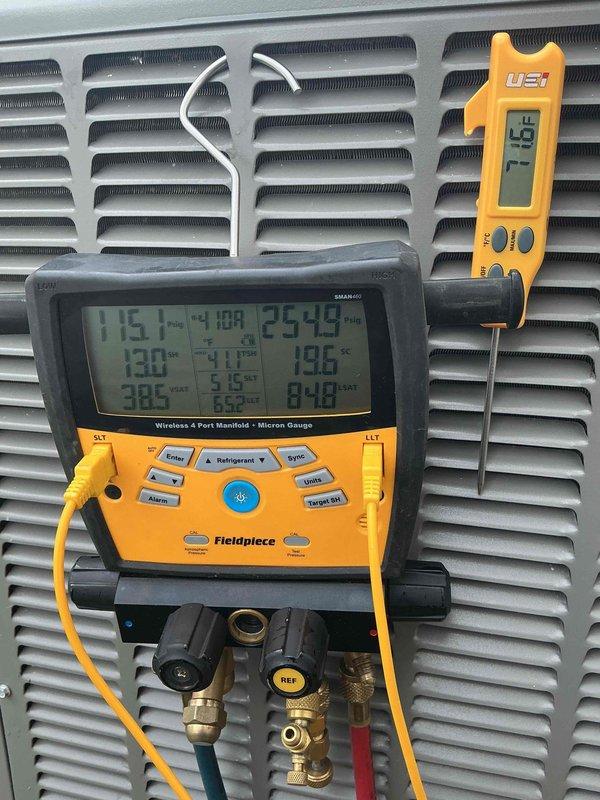 Completed annual cooling maintenance tune-up on residential HVAC system. Performed comprehensive system diagnostics using 4-port manifold gauge to verify refrigerant pressures and temperatures across all ports. Upon inspection, discovered severely deteriorated condenser coil with extensive fin damage, bent metal fins, and beige deposits coating the coil surface, significantly compromising heat transfer efficiency and system performance. Despite condenser coil degradation, system is currently operational. Documented equipment condition with photographs and provided recommendations for condenser coil replacement to restore optimal cooling capacity and energy efficiency.