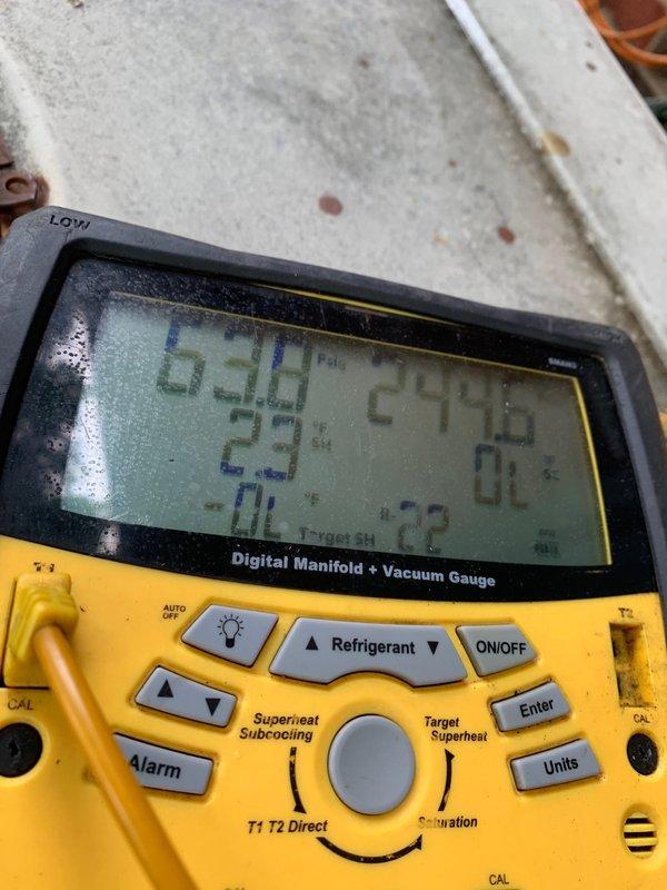 Completed comprehensive cooling season tune-up on 30+ year old outdoor AC unit. Performed system diagnostics using digital manifold gauge, recording refrigerant pressures, superheat, and subcooling values to verify proper charge and system performance. Inspected condenser coil and documented significant dust and debris accumulation on fins, which can restrict airflow and reduce cooling efficiency; recommended coil cleaning for optimal heat transfer and system longevity.